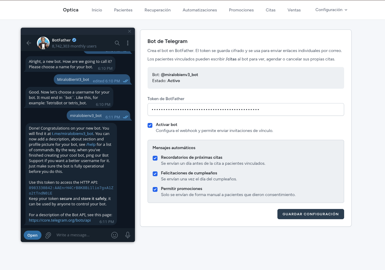 Configuración del bot de Telegram en Míralo Bien